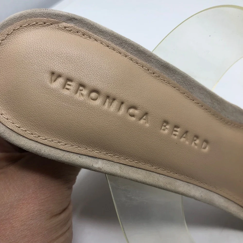 Veronica Beard Asha Sandals Womens 7.5 Tan Suede Clear PVC Double Strap Stiletto